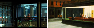 Fotograma "La ley del deseo", de Pedro Almodóvar y Nighthawks (1942), de Edward Hopper